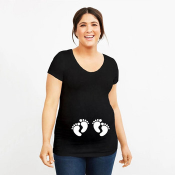 Twins Footprint Maternity Plus Size Tees Летни тениски за бременни за бременни с къс ръкав Ежедневна бременност Забавно облекло