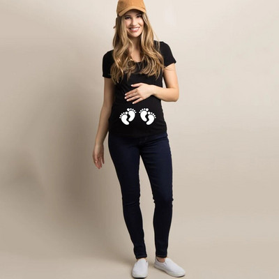 Twins Footprint Maternity Plus Size Tees Topi Vasaras Grūtnieču T-krekls Īsām piedurknēm Ikdienišķs Grūtniecības Smieklīgs Apģērbs