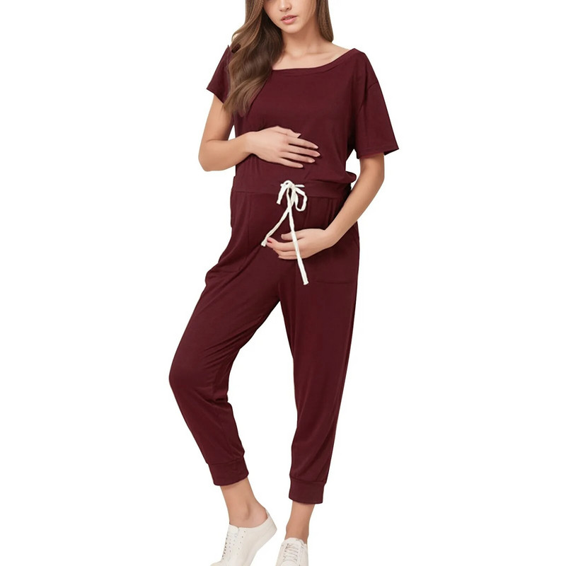 Moterų vasaros trumpomis rankovėmis vienspalviai reguliuojamo juosmens kombinezonas nėščiosioms, laisvalaikio kirpčiukai, drėkinantys antblauzdžiai