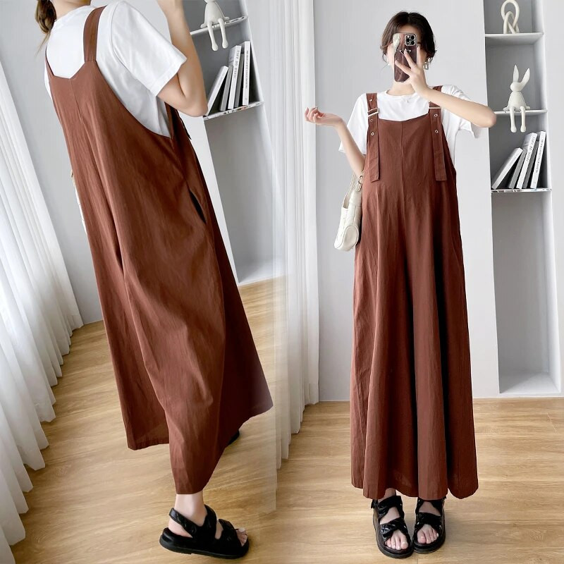 Summer Preppy Style Ολόσωμες φόρμες εγκυμοσύνης Plus Size Καφέ Ρόμπερες εγκυμοσύνης Μόδα μακριά φαρδιά πόδια Φόρμες εγκύου