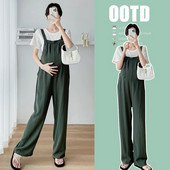 Πράσινες φόρμες εγκυμοσύνης Καλοκαιρινό Preppy Style Έγκυος Long Loose Rompers εγκυμοσύνης Παντελόνι εγκυμοσύνης Μήκος στο πάτωμα