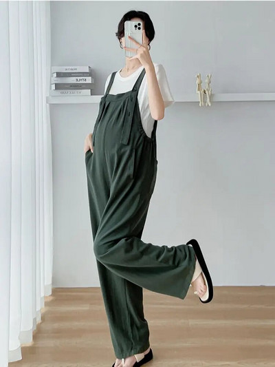 Πράσινες φόρμες εγκυμοσύνης Καλοκαιρινό Preppy Style Έγκυος Long Loose Rompers εγκυμοσύνης Παντελόνι εγκυμοσύνης Μήκος στο πάτωμα