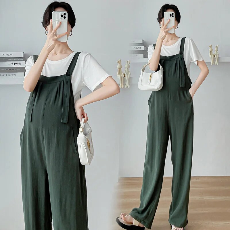 Πράσινες φόρμες εγκυμοσύνης Καλοκαιρινό Preppy Style Έγκυος Long Loose Rompers εγκυμοσύνης Παντελόνι εγκυμοσύνης Μήκος στο πάτωμα