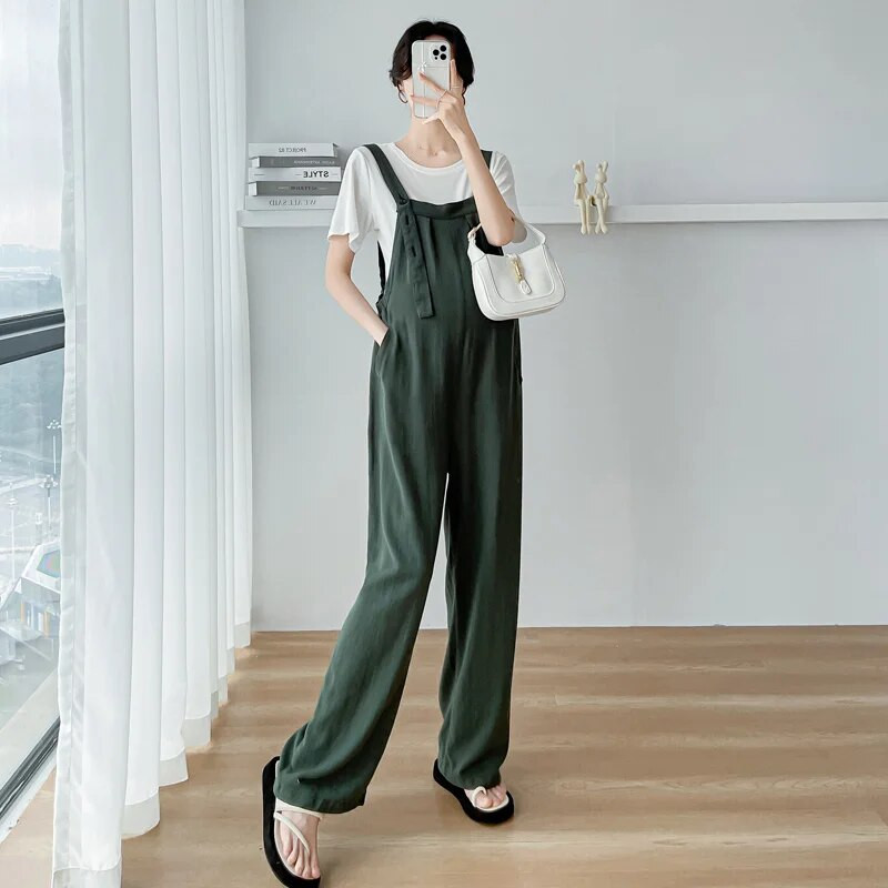 Πράσινες φόρμες εγκυμοσύνης Καλοκαιρινό Preppy Style Έγκυος Long Loose Rompers εγκυμοσύνης Παντελόνι εγκυμοσύνης Μήκος στο πάτωμα