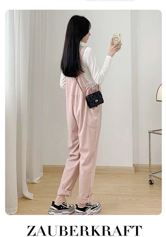 Nėščioms velvetinės kombinezonai žiemai Didesnio dydžio nėščių moterų kombinezonai su kišenėmis Ilgos laisvos nėštumo kelnės Romperai