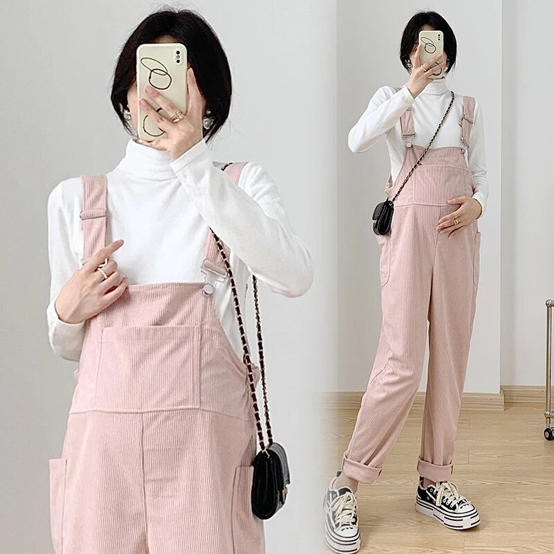 Nėščioms velvetinės kombinezonai žiemai Didesnio dydžio nėščių moterų kombinezonai su kišenėmis Ilgos laisvos nėštumo kelnės Romperai