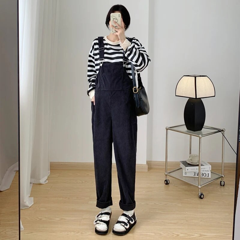 Nėščioms velvetinės kombinezonai žiemai Didesnio dydžio nėščių moterų kombinezonai su kišenėmis Ilgos laisvos nėštumo kelnės Romperai