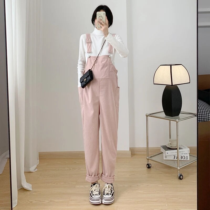 Nėščioms velvetinės kombinezonai žiemai Didesnio dydžio nėščių moterų kombinezonai su kišenėmis Ilgos laisvos nėštumo kelnės Romperai