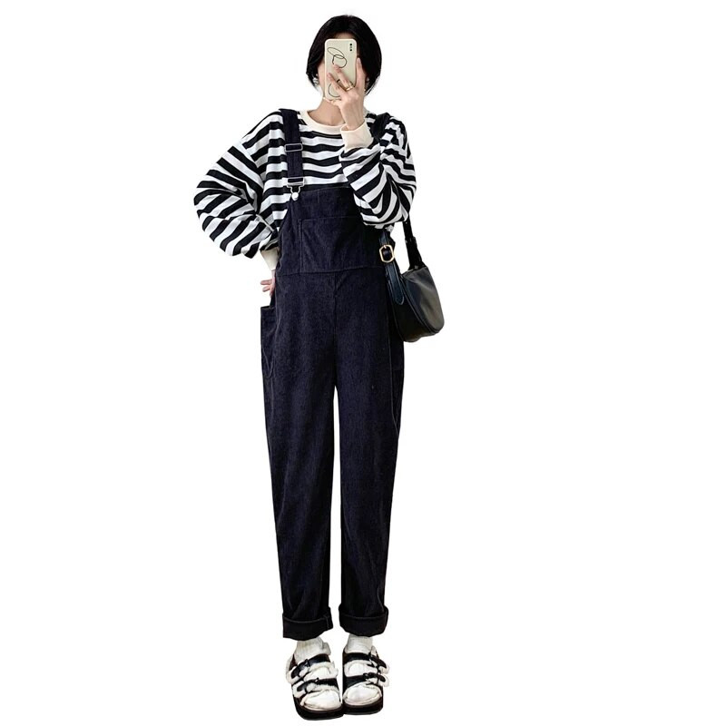 Nėščioms velvetinės kombinezonai žiemai Didesnio dydžio nėščių moterų kombinezonai su kišenėmis Ilgos laisvos nėštumo kelnės Romperai