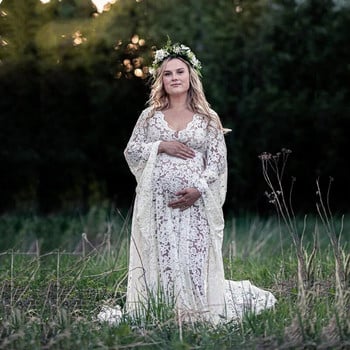 Φόρεμα Boho Style Maternity Photography Φόρεμα Πλαϊνές Σχισίματα Δαντέλα Έγκυος Μακρύ Φόρεμα για Φωτογραφική λήψη Flare Sleeve