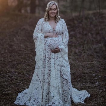 Φόρεμα Boho Style Maternity Photography Φόρεμα Πλαϊνές Σχισίματα Δαντέλα Έγκυος Μακρύ Φόρεμα για Φωτογραφική λήψη Flare Sleeve