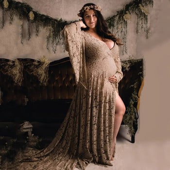 Φόρεμα Boho Style Maternity Photography Φόρεμα Πλαϊνές Σχισίματα Δαντέλα Έγκυος Μακρύ Φόρεμα για Φωτογραφική λήψη Flare Sleeve