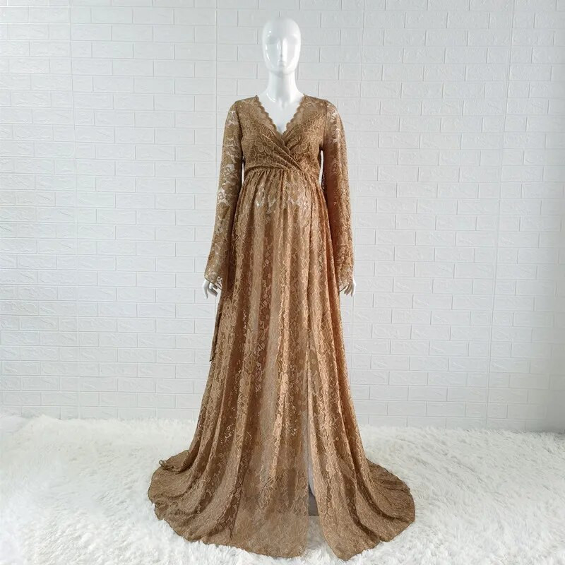 Boho stila grūtnieču fotografēšanas kleitas sāni, izgrieztas, izgrieztas mežģīnes grūtniecei, gara kleita fotografēšanai ar piedurknēm