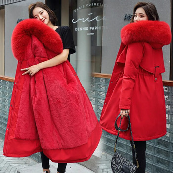 Χειμωνιάτικο νέο μεσαίο βαμβακερό ρούχο για έγκυες γυναίκες Μεγάλο γούνινο γιακά συν βελούδινο χοντρό τζάκετ Γυναικείο ανεμοθραύστη