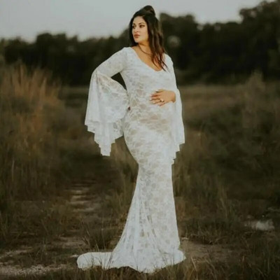 Φόρεμα εγκυμοσύνης με φουσκωτό μανίκι Δαντελένιο φόρεμα για φωτογραφία εγκυμοσύνης Ρούχα φωτογράφιση ουρά μάξι φόρεμα για έγκυες γυναίκες Καλοκαίρι