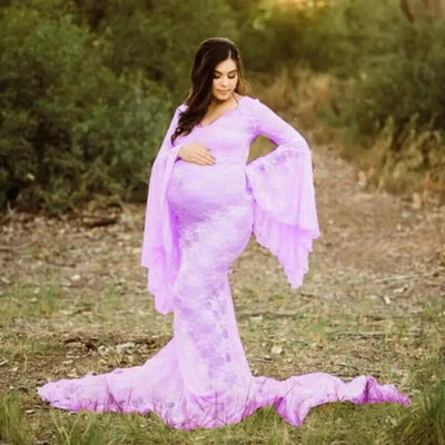 Φόρεμα εγκυμοσύνης με φουσκωτό μανίκι Δαντελένιο φόρεμα για φωτογραφία εγκυμοσύνης Ρούχα φωτογράφιση ουρά μάξι φόρεμα για έγκυες γυναίκες Καλοκαίρι