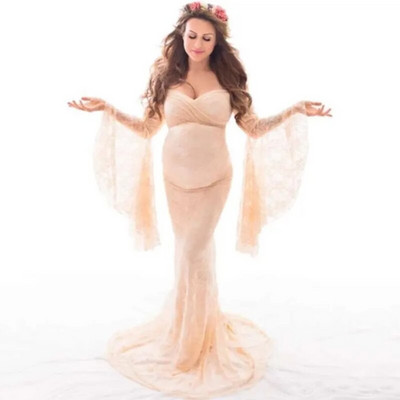 Φόρεμα εγκυμοσύνης με φουσκωτό μανίκι Δαντελένιο φόρεμα για φωτογραφία εγκυμοσύνης Ρούχα φωτογράφιση ουρά μάξι φόρεμα για έγκυες γυναίκες Καλοκαίρι