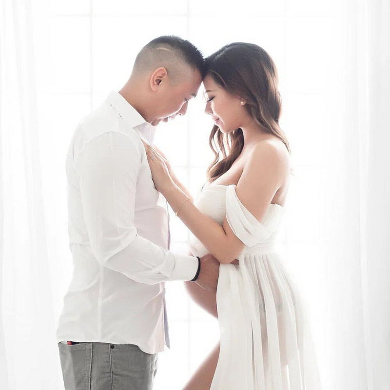 Grūtnieču garās kleitas Sexy Photography Rekvizīti Grūtniecēm Melnbalts Mīksts Mežģīņu Šifons Grūtniecības Maxi Kleita