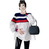 Rudens ikdienas modes svītru kontrasts, raibs, brīvs grūtnieču tops liela izmēra grūtniecēm, kokvilnas krekli, savilkšanas blūzes