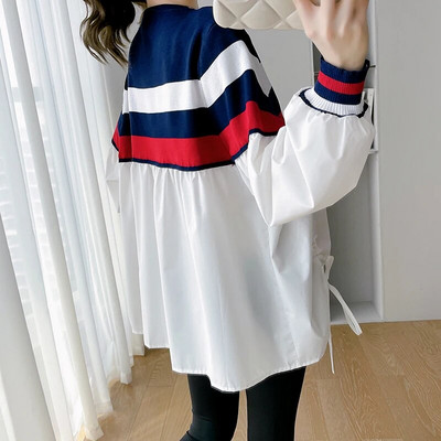 Rudens ikdienas modes svītru kontrasts, raibs, brīvs grūtnieču tops liela izmēra grūtniecēm, kokvilnas krekli, savilkšanas blūzes