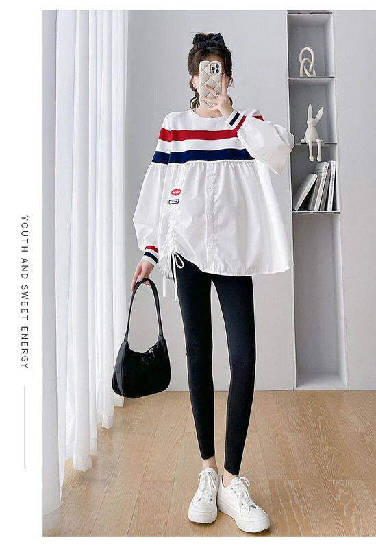 Rudens ikdienas modes svītru kontrasts, raibs, brīvs grūtnieču tops liela izmēra grūtniecēm, kokvilnas krekli, savilkšanas blūzes