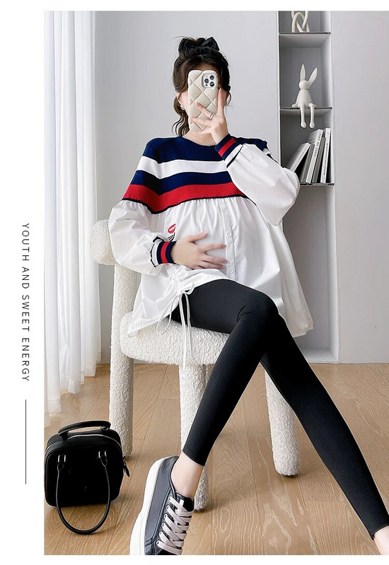 Rudens ikdienas modes svītru kontrasts, raibs, brīvs grūtnieču tops liela izmēra grūtniecēm, kokvilnas krekli, savilkšanas blūzes