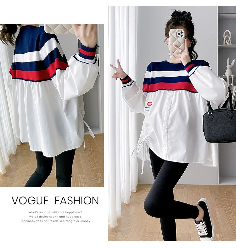 Rudens ikdienas modes svītru kontrasts, raibs, brīvs grūtnieču tops liela izmēra grūtniecēm, kokvilnas krekli, savilkšanas blūzes