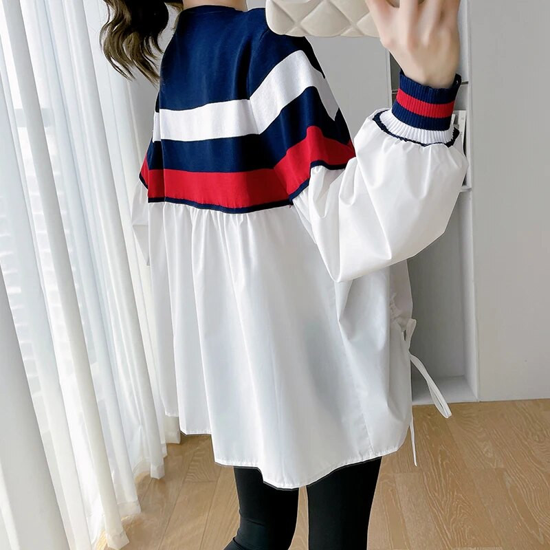 Rudens ikdienas modes svītru kontrasts, raibs, brīvs grūtnieču tops liela izmēra grūtniecēm, kokvilnas krekli, savilkšanas blūzes