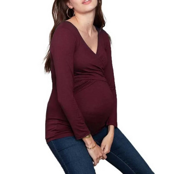 Удобни и дишащи дрехи за бременни, бременни жени, кръст с V-образно деколте и дълъг ръкав, облекло за кърмене, тениска за бременност