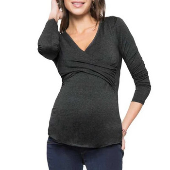 Удобни и дишащи дрехи за бременни, бременни жени, кръст с V-образно деколте и дълъг ръкав, облекло за кърмене, тениска за бременност