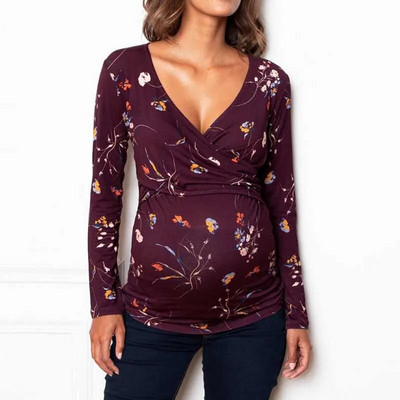 Kényelmes és légáteresztő kismama ruházat terhes női V-nyakú kereszt hosszú ujjú szoptatós ruházat terhes póló