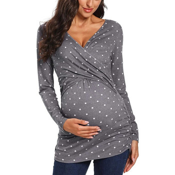 Горнища за бременни и кърмачки с V-образно деколте Тениска за бременни жени с дълъг ръкав Тениска за кърмачки за бременни