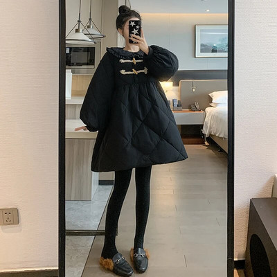 Piterio Peno apykaklė nėščiųjų paltai Žieminiai juodi stori šilti viršutiniai drabužiai nėščiai moteriai Didelio dydžio drabužiai nėščiosioms Vintažinės striukės