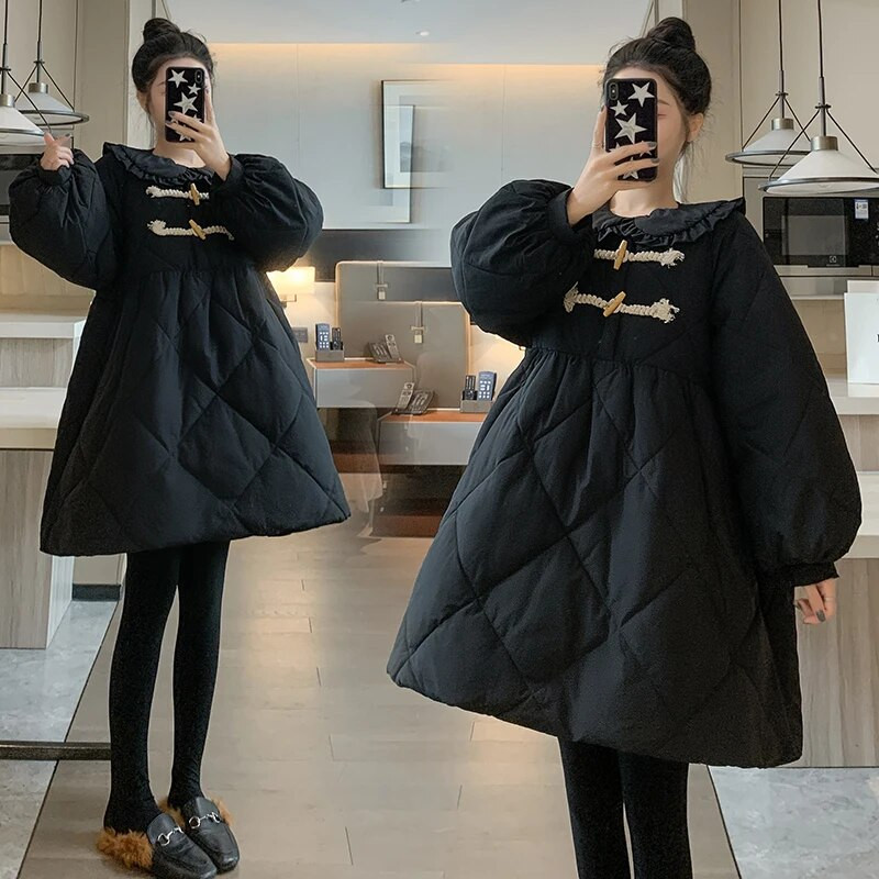 Piterio Peno apykaklė nėščiųjų paltai Žieminiai juodi stori šilti viršutiniai drabužiai nėščiai moteriai Didelio dydžio drabužiai nėščiosioms Vintažinės striukės