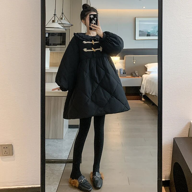 Piterio Peno apykaklė nėščiųjų paltai Žieminiai juodi stori šilti viršutiniai drabužiai nėščiai moteriai Didelio dydžio drabužiai nėščiosioms Vintažinės striukės