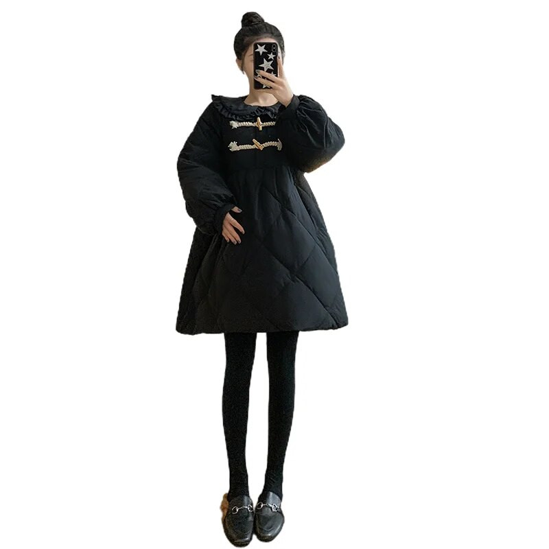 Piterio Peno apykaklė nėščiųjų paltai Žieminiai juodi stori šilti viršutiniai drabužiai nėščiai moteriai Didelio dydžio drabužiai nėščiosioms Vintažinės striukės