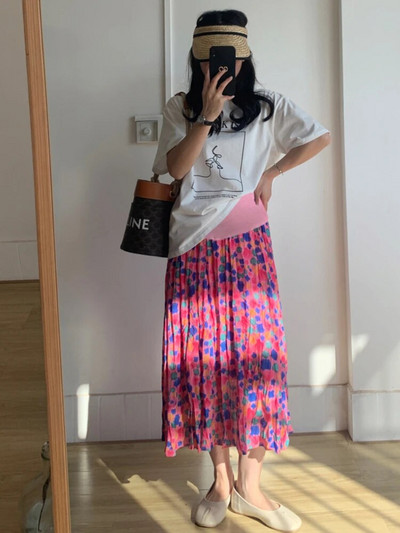 Modes apdruka Grūtnieču vasaras svārki ar augstu vidukli grūtniecēm ar kroku ziediem svārki gari brīvi grūtniecības šifona svārki