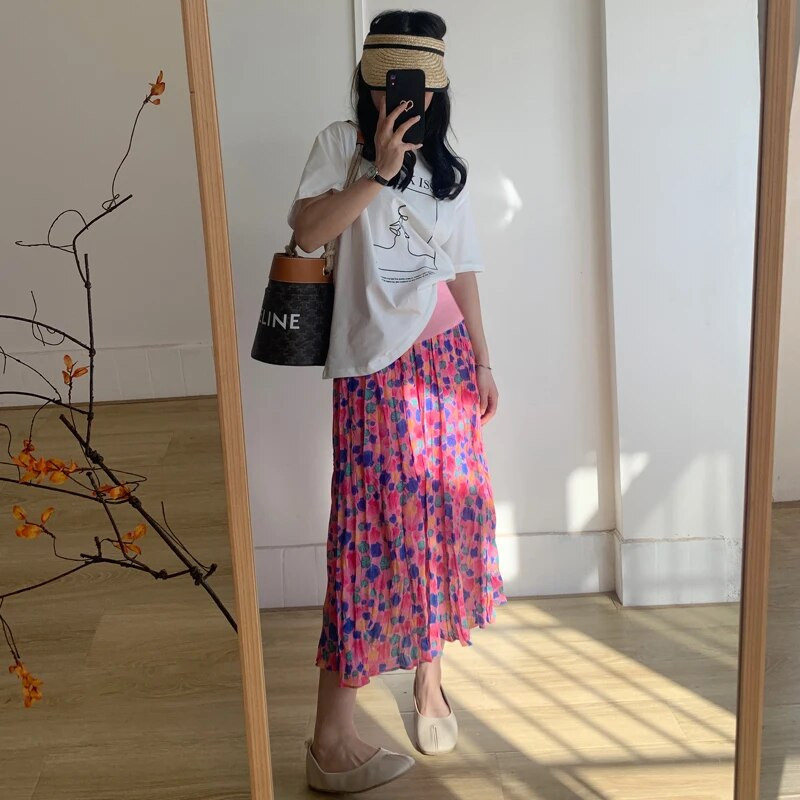 Modes apdruka Grūtnieču vasaras svārki ar augstu vidukli grūtniecēm ar kroku ziediem svārki gari brīvi grūtniecības šifona svārki