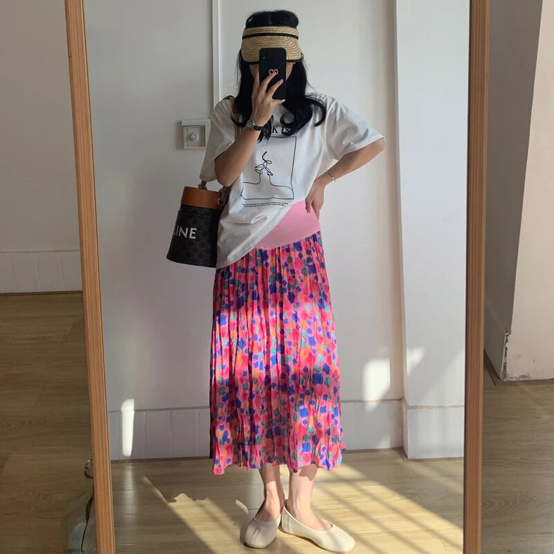 Modes apdruka Grūtnieču vasaras svārki ar augstu vidukli grūtniecēm ar kroku ziediem svārki gari brīvi grūtniecības šifona svārki