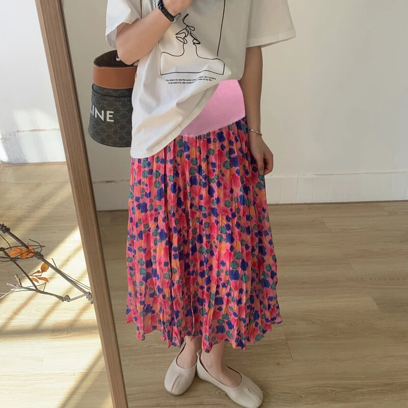 Modes apdruka Grūtnieču vasaras svārki ar augstu vidukli grūtniecēm ar kroku ziediem svārki gari brīvi grūtniecības šifona svārki