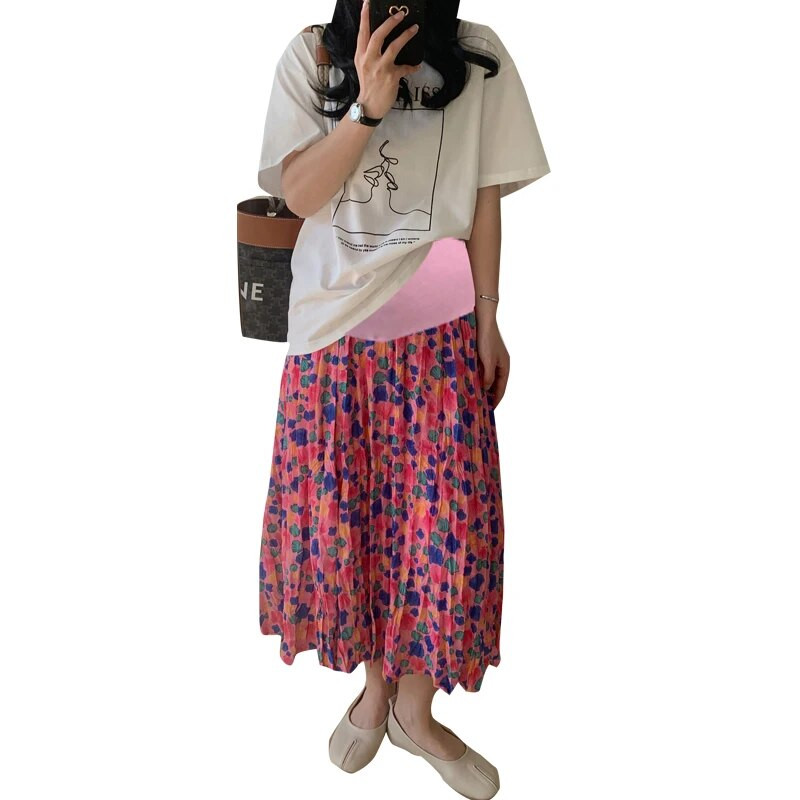 Modes apdruka Grūtnieču vasaras svārki ar augstu vidukli grūtniecēm ar kroku ziediem svārki gari brīvi grūtniecības šifona svārki