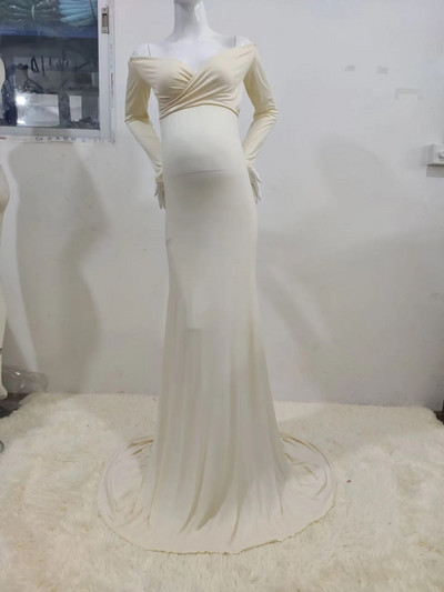 Jesenska, trudnička, elegantna pripijena haljina, odjeća za foto snimanja za trudnice, dugih rukava, V izrez, uska maksi duga haljina za trudnice