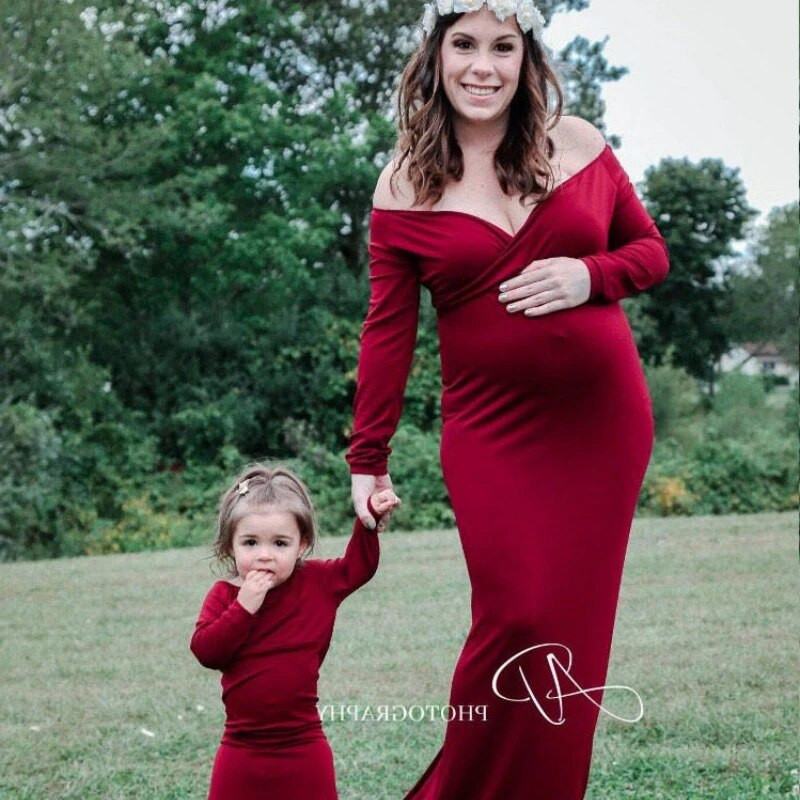 Jesenska, trudnička, elegantna pripijena haljina, odjeća za foto snimanja za trudnice, dugih rukava, V izrez, uska maksi duga haljina za trudnice