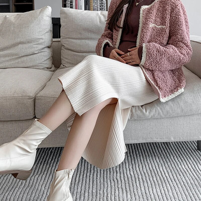 Raseda naise seelikud küljelt poolitatud sääre keskel Raseduse kõhu seelikud Kontorinaise Elegantne kootud seelik Sirged seelikud Must beež