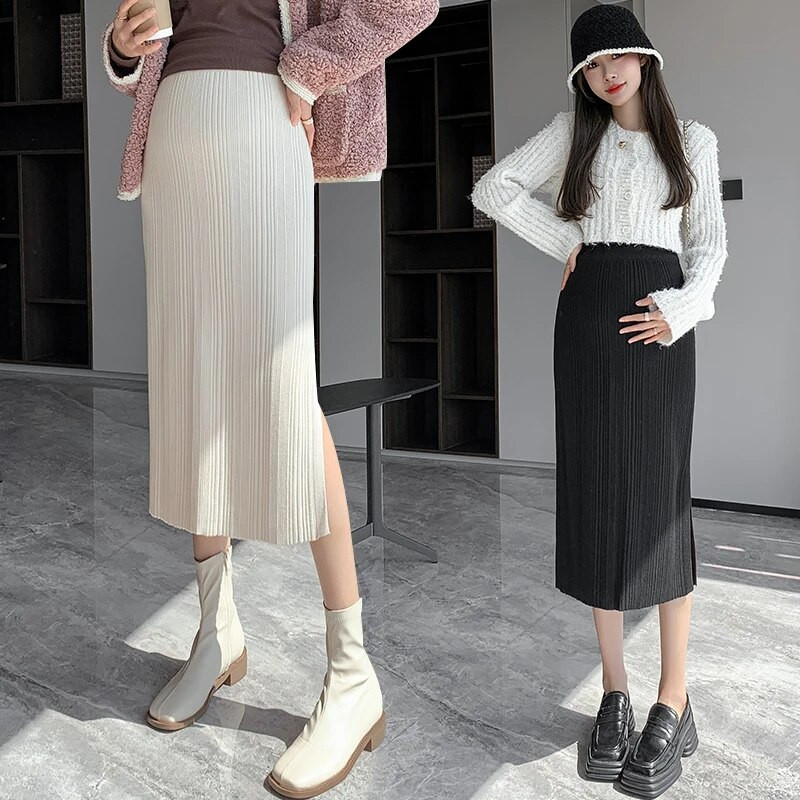 Raseda naise seelikud küljelt poolitatud sääre keskel Raseduse kõhu seelikud Kontorinaise Elegantne kootud seelik Sirged seelikud Must beež