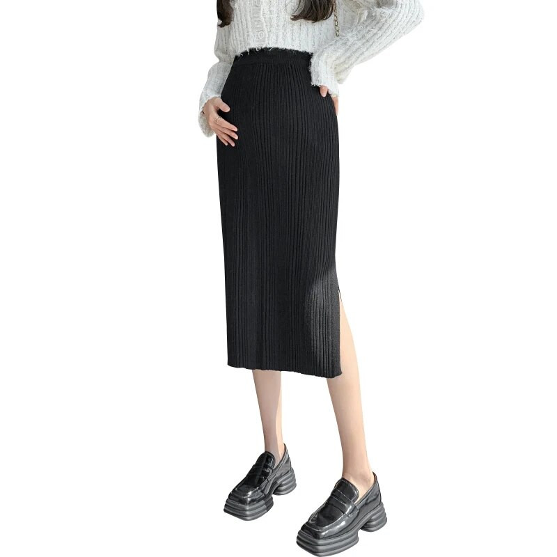 Raseda naise seelikud küljelt poolitatud sääre keskel Raseduse kõhu seelikud Kontorinaise Elegantne kootud seelik Sirged seelikud Must beež