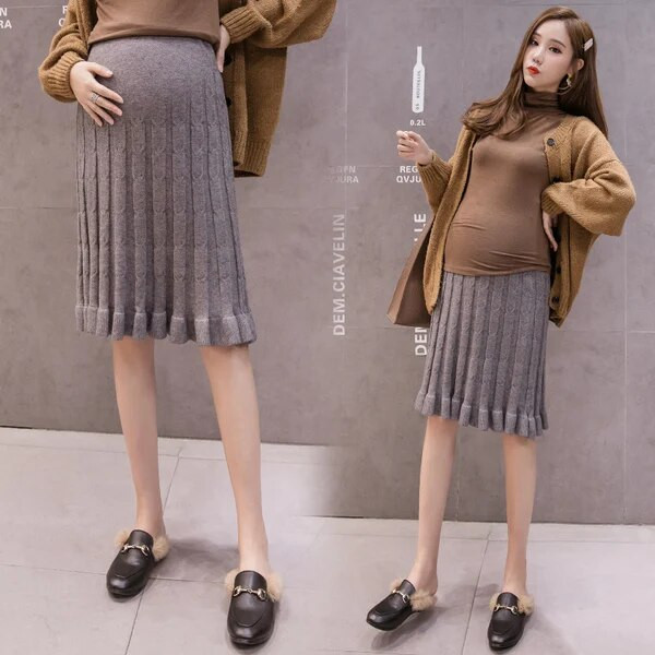 Rudens ir žiemos nėščioms moterims megzti sijonai su raukšlėmis Dryžuota gimdymo sijonai, klostuoti sijonai iki kelių