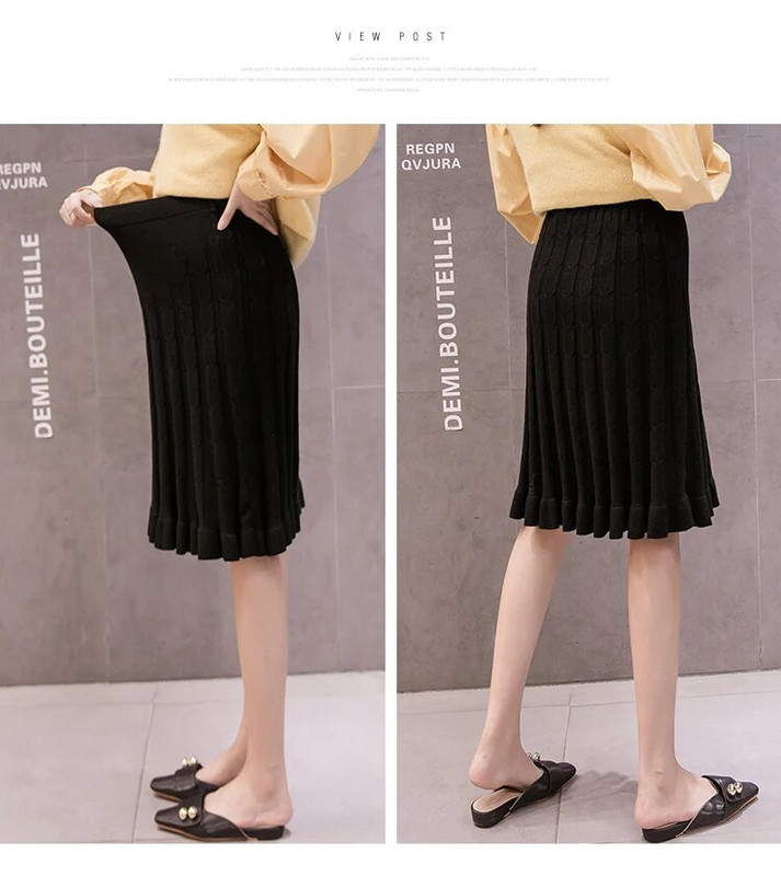 Rudens ir žiemos nėščioms moterims megzti sijonai su raukšlėmis Dryžuota gimdymo sijonai, klostuoti sijonai iki kelių