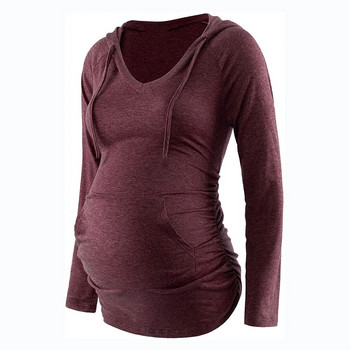 Есенни нови качулки с V-образно деколте Тениска с дълъг ръкав за бременни Едноцветен пуловер Бременни дрехи Палто за бременни жени през зимата
