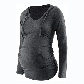 Есенни нови качулки с V-образно деколте Тениска с дълъг ръкав за бременни Едноцветен пуловер Бременни дрехи Палто за бременни жени през зимата